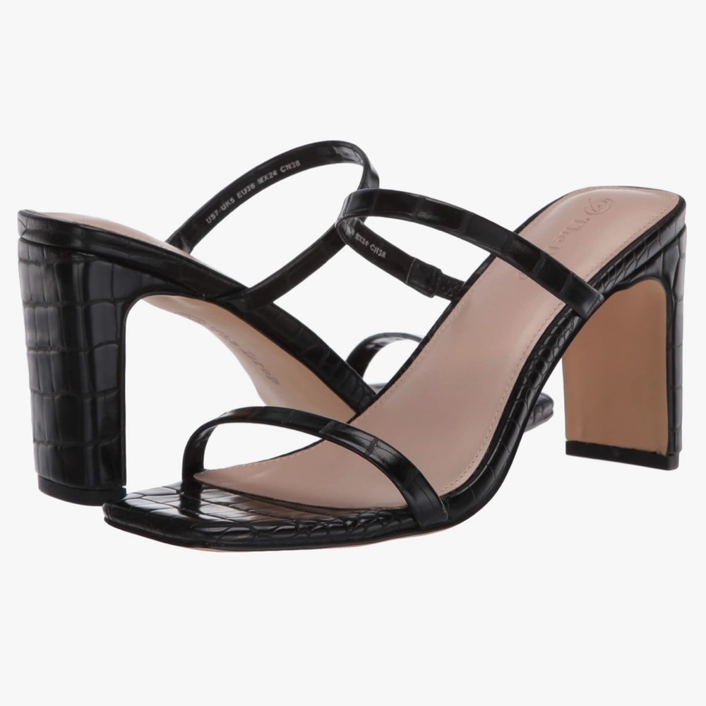 Black Croc Avery Square Toe Two Strap High Heeled Sandal NWT